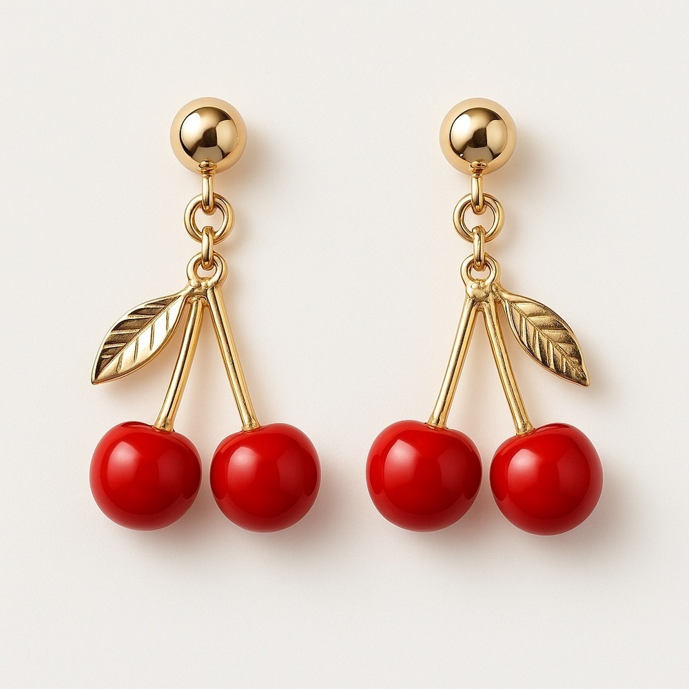 Elegant Gold and Red Cherry Drop Earrings